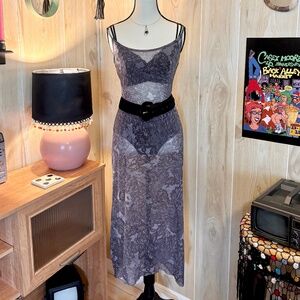 Vintage Express Tricot Womens XSmall Sheer Grey Lace Mesh Tank Slip Maxi Dress